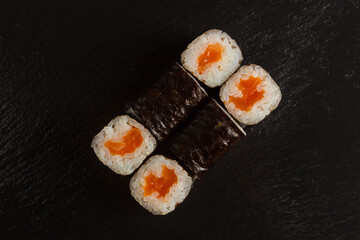 Japanese food: Set of salmon sushi and rolls