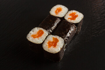 Japanese food: Set of salmon sushi and rolls