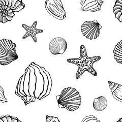 Seamless pattern with seashells. Marine background.  Hand drawn vector illustration in sketch style. Perfect for greetings, invitations, coloring books, textile, wedding and web design.