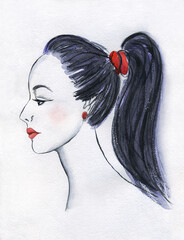 Portrait of beautiful young brunette woman with ponytail in watercolor 