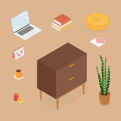 Office set with laptop. Isometric vector illustration in flat design. Working from home, office, doing homework, school.
