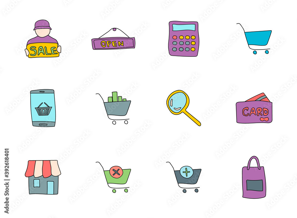 Poster shopping doodles isolated on white. shopping icon set for web design, user interface, mobile apps an