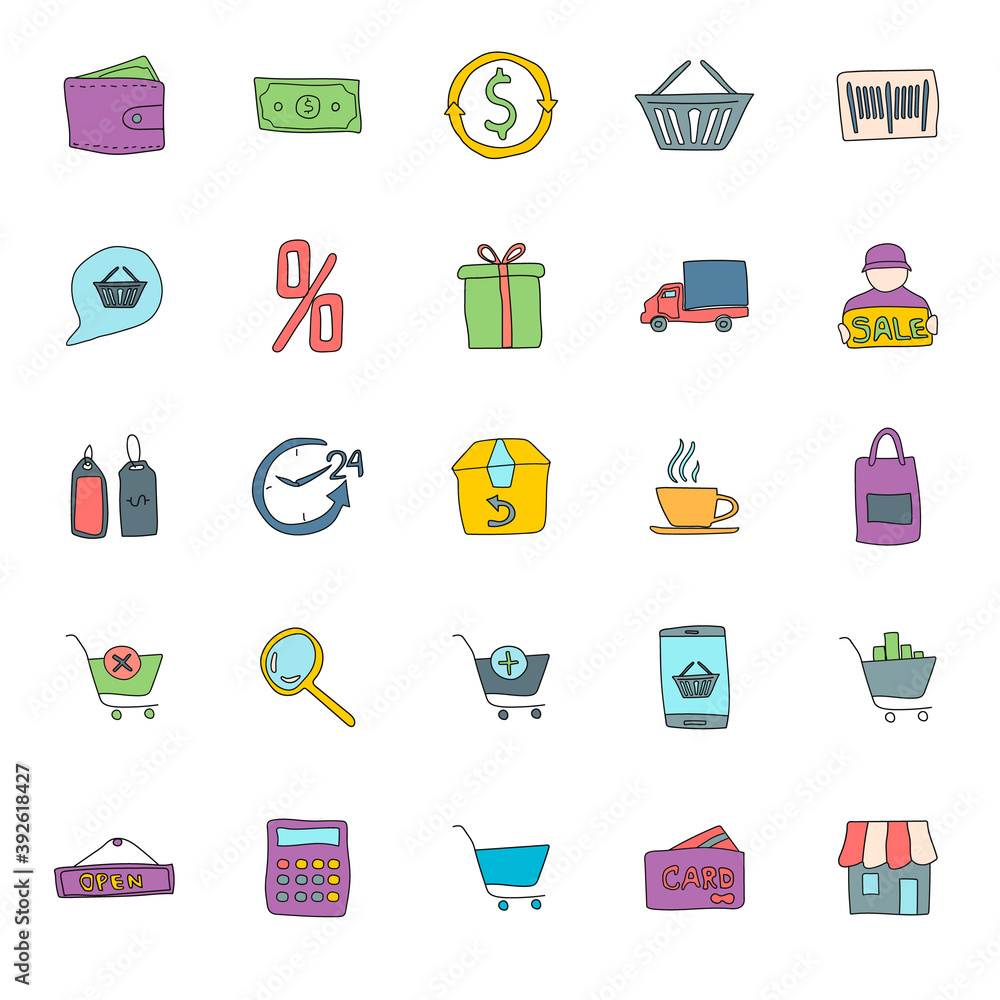 Poster shopping hand drawn linear vector icons isolated on white background. shopping doodle icon set for w