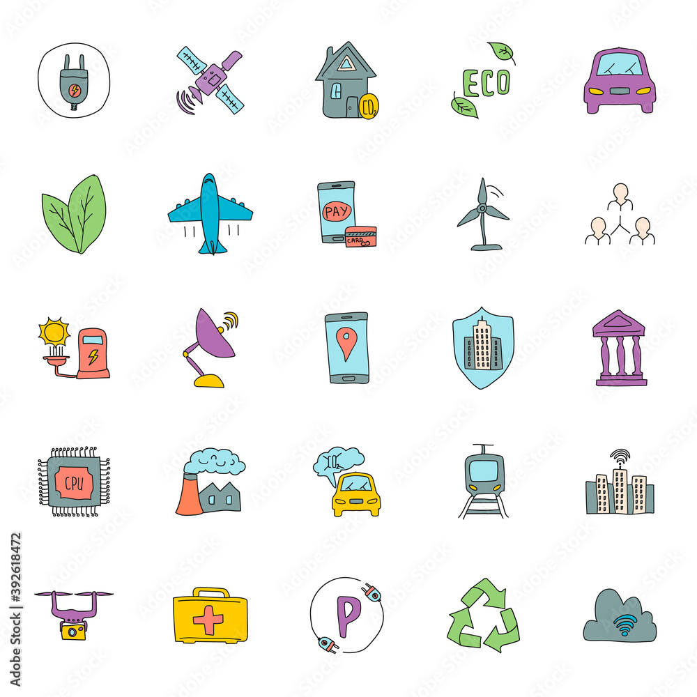 Poster smart city hand drawn linear vector icons isolated on white background. smart city doodle icon set f