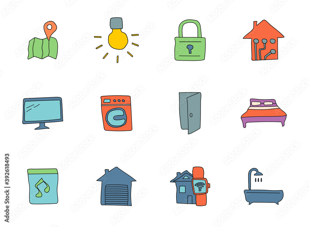 Poster smart house hand drawn linear vector icons isolated on white background. smart house doodle icon set