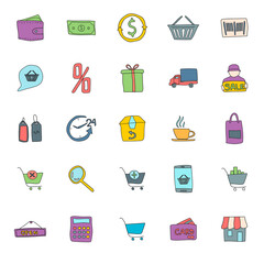shopping hand drawn linear vector icons isolated on white background. shopping doodle icon set for web and ui design, mobile apps and print products