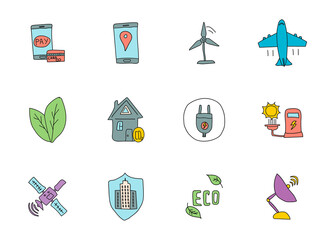 smart city hand drawn linear doodles isolated on white background.smart city icon set for web and ui design, mobile apps and print products