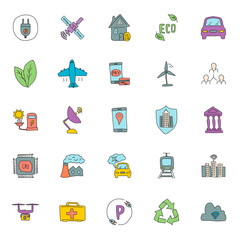 smart city hand drawn linear vector icons isolated on white background. smart city doodle icon set for web and ui design, mobile apps and print products