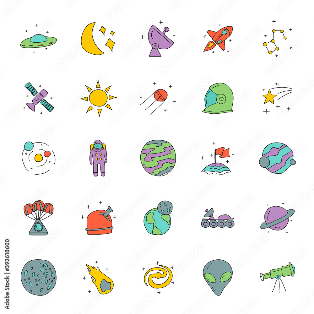 Poster space hand drawn linear doodles isolated on white background. space icon set for web and ui design, 