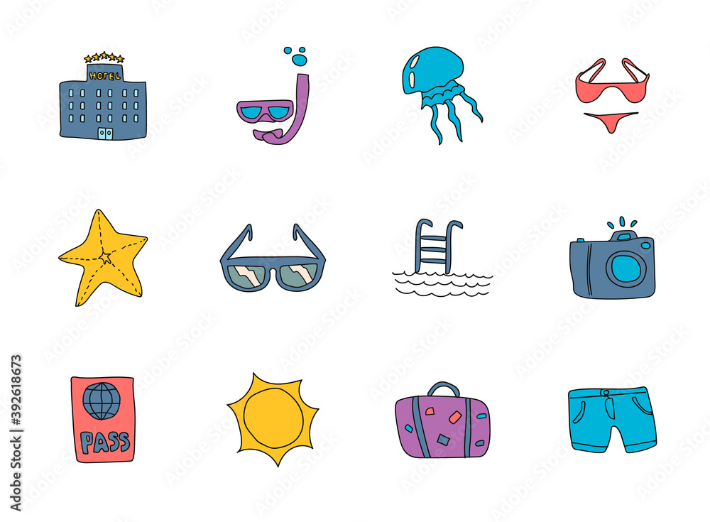 Poster summer hand drawn linear vector icons isolated on white background. summer doodle icon set for web a
