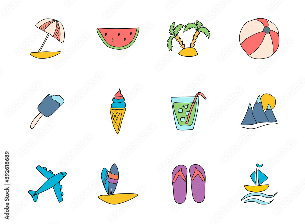 Poster summer doodles isolated on white. summer icon set for web design, user interface, mobile apps and pr