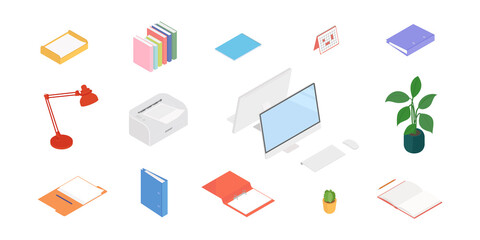 Office supplies set with computer and printer. Isometric vector illustration in flat design. Working from home, office, doing homework, school.
