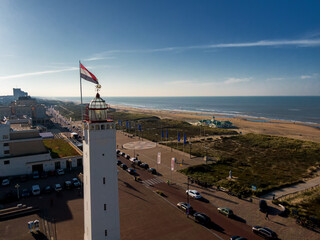 Aerial view of the lighthouse in Dutch town Noordwijk with the North sea and beach