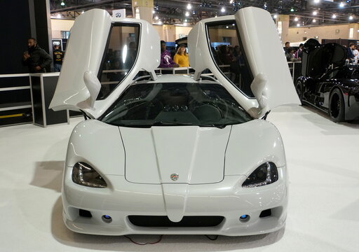 Philadelphia, Pennsylvania, U.S - February 9, 2019 - A side view of a white SSC Ultimate Aero supercar with falcon doors