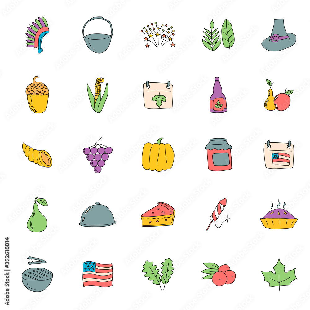 Poster thanksgiving hand drawn linear doodles isolated on white background. thanksgiving icon set for web a