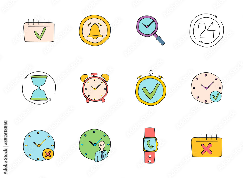 Poster time doodles isolated on white. time icon set for web design, user interface, mobile apps and print
