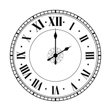 Vector vintage clocks. Clock face with Roman numerals isolated on white background. Vector