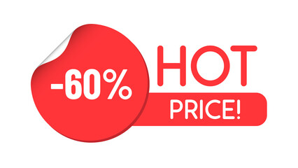 hot price red discount sticker promo lettering. bent label isolated on white background. 60 percent discount. illustration for promo advertising discounts