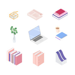Office supplies set with laptop. Isometric vector illustration in flat design. Working from home, office, doing homework, school.

