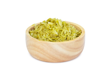 Green rice grain full of vitamins. For making Thai desserts in wooden cups on a white background clipping path. (Khao Mao) Thai dessert caused by Folk wisdom 