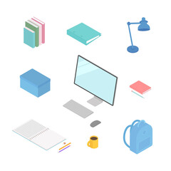 Office supplies set with computer. Isometric vector illustration in flat design. Working from home, office, doing homework, school.
