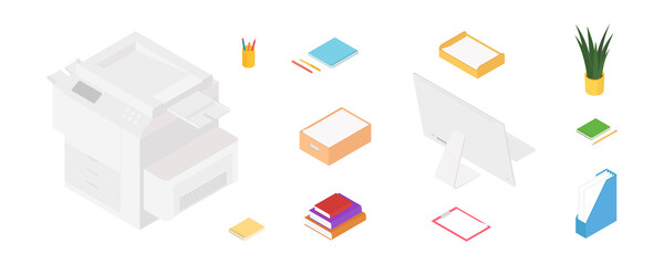 Office supplies set with computer and printer. Isometric vector illustration in flat design. Working from home, office, doing homework, school.
