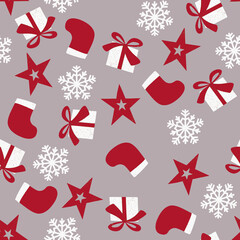 Christmas pattern - with red and white figurines of santa claus, star, gift, sock, snowflake on a beige background