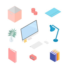 Office supplies set with computer. Isometric vector illustration in flat design. Working from home, office, doing homework, school.
