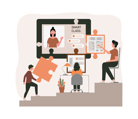 E-learning, online education at home concept.
Distance education, online courses, tutorials, webinar, digital classroom, online teaching metaphors. Flat vector illustration, isolated objects.