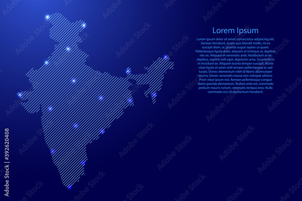 Poster india map from blue pattern slanted parallel lines and glowing space stars grid. vector illustration
