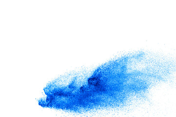 Blue powder explosion isolated on white  background.