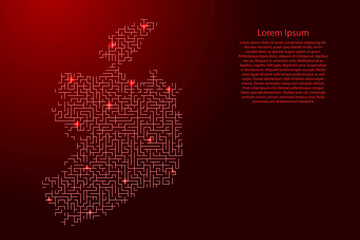 Ireland map from red pattern of the maze grid and glowing space stars grid. Vector illustration.