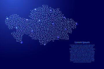 Kazakhstan map from blue pattern of the maze grid and glowing space stars grid. Vector illustration.