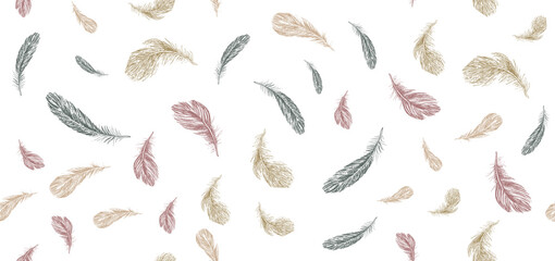 Set of bird feathers. Hand drawn sketch style.