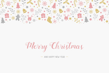 Christmas greeting card with festive decorations. Xmas background with beautiful calligraphy. Vector
