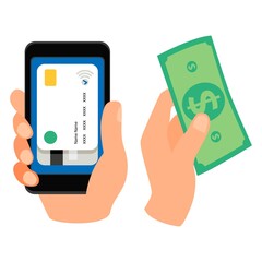 Hand-held smartphone with a credit card. Money. Green dollar bill, cash, Bank card, non-cash payment and currency. Near field communication.