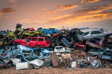 Damaged cars on the junkyard - obrazy, fototapety, plakaty
