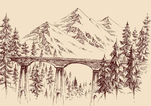 Railway bridge in mountain ladscape vector hand drawing