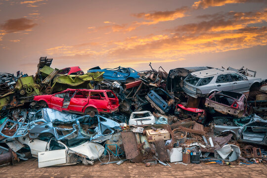 Damaged cars on the junkyard