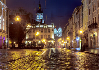 Lviv. Town Hall Square at night.