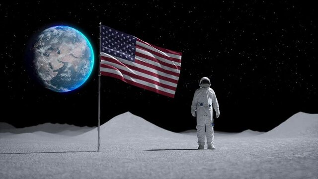Astronaut walking on the moon surface. Space suit helmet. 3d render