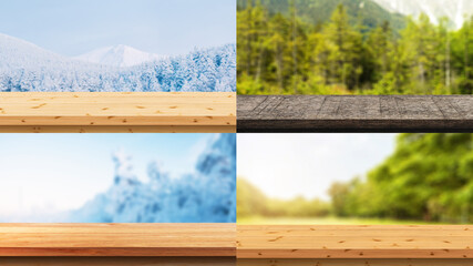 Collection of empty wooden tabletop against scenic view of snow monster in winter and nature...