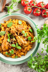 Delicious chicken biryani in a bowl