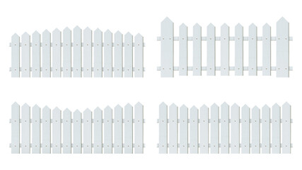 Collection of white wooden fence isolated on white background with parallel plank old. Object with clipping path