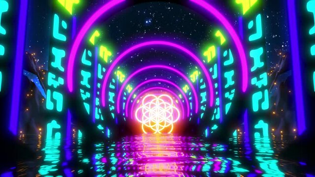 Abstract Flower of Life Sci-fi River Neon Lights Motion Seamless Loop VJ Abstract Relaxing Music Video Background Universe Night Sky High Quality