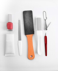 Set of cosmetic tools. Manicure and pedicure equipment on white background. Instrument for nail...