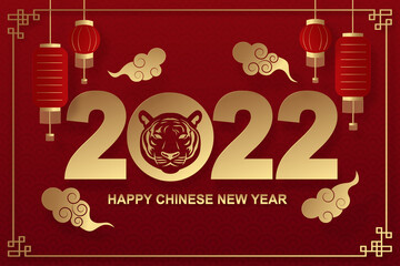 Fototapeta na wymiar Happy chinese new year 2022 with tiger zodiac on red background. Vector illustration. Greeting card