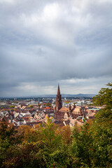 Fototapeta na wymiar View of Freiburg im Breisgau, cathedral and mountains on a clear sunny autumn day