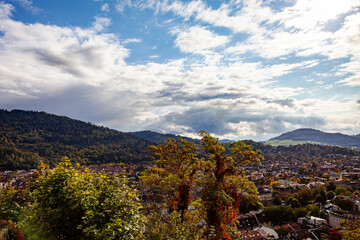 View of Freiburg im Breisgau and mountains on a clear sunny autumn day