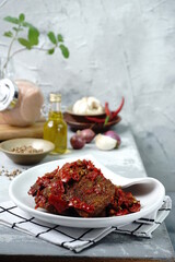 asian cuisine, authentic, background, beef, beef jerky, celebration, ceramic plate, chili, chilies, close up, cooked, cuisine, delicious, dendeng balado, dinner, dish, eat, fresh, gourmet, healthy, he